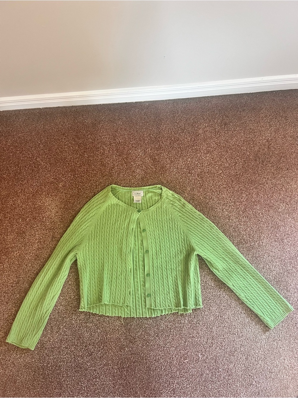 L.L. Bean Light Green Cable-Knit Button Cardigan